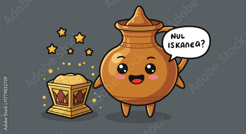 Cute clay pot character mascot with a magical sparkling treasure box cartoon illustration.