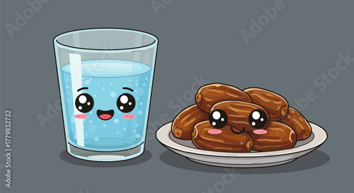 Cute Kawaii Glass of Water and Plate of Dates for Iftar.