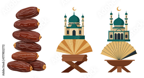 Dates fruit and Islamic symbols for Ramadan celebration.