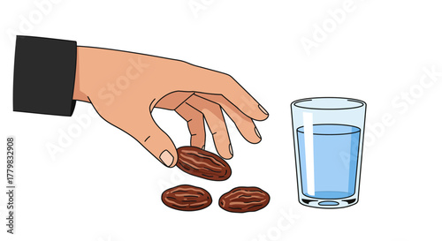 Hand reaching for dates next to a glass of water, symbolizing healthy eating and hydration.