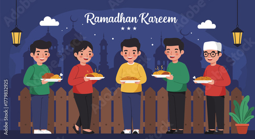Group of Muslim people celebrating Ramadhan Kareem together at night.