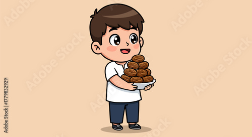 Happy Boy Holding a Plate Full of Delicious Cookies.