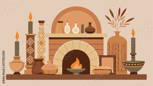 A beautifully decorated fireplace mantel with a mix of bohoinspired vases candles and decorative objects in earthy colors.