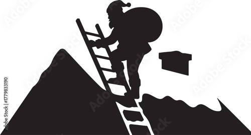 Santa climbing ladder on snowy mountain towards chimney