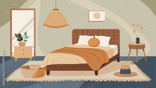 A bedroom filled with natural light featuring a rattan headboard a handwoven throw blanket and a sheepskin rug.