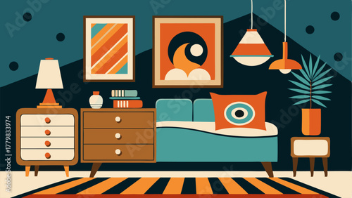 A bold graphic wallpaper serves as the backdrop for a midcentury style bedroom. A teak wood dresser and nightstand hold an eclectic assortment of accessories adding personality to