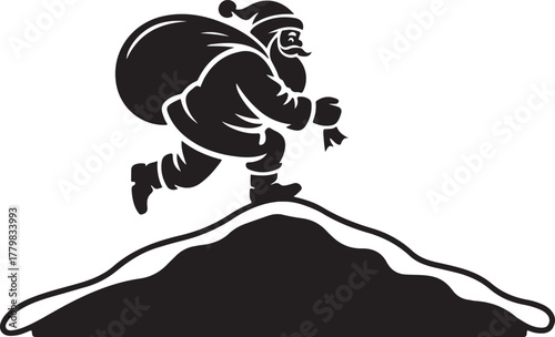 Black silhouette of Santa Claus running with a sack over a snowy hill