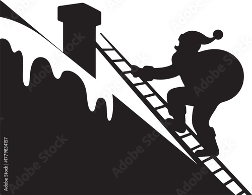 Black silhouette of Santa climbing ladder to chimney on snowy roof