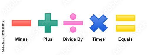 Colorful Math Symbols for Kids Education Vector Illustration Featuring Plus Minus Divide Times and Equals Signs