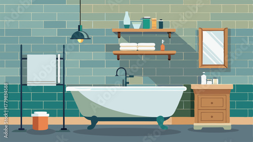 A bathroom with a sleek freestanding bathtub subway tile walls and a farmhousestyle vanity with a concrete countertop.