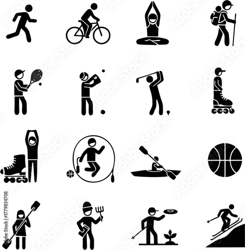 A diverse set of black silhouette pictograms representing various sports, hobbies, and recreational activities. Human action icons for a healthy lifestyle