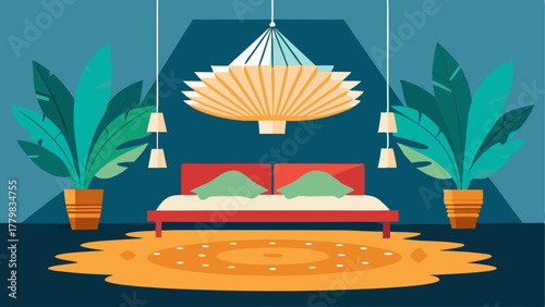 A bedroom with a unique chandelier made from natural seashells and a rug with a palm leaf design.