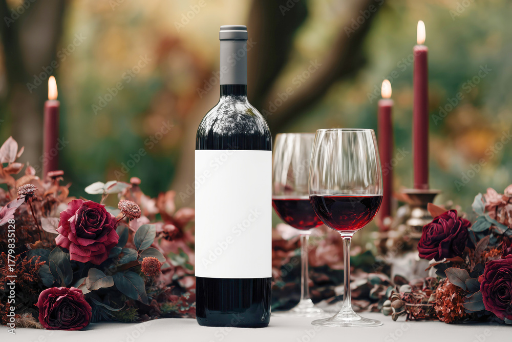Fototapeta premium Romantic dinner setting with a red wine bottle with a blank label and glasses with red wine on the table decorated with deep red roses