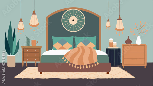A bohemianinspired bedroom with a faux fur rug a collection of mismatched throw pillows and a large dreamcatcher hanging above the bed.