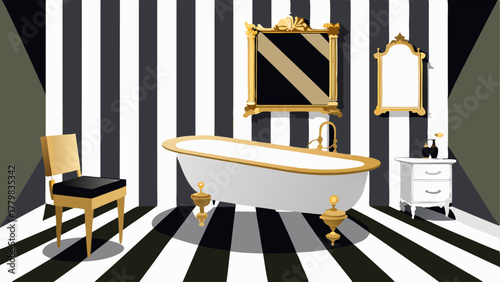 A bathroom with black and white striped marble floors a freestanding tub with gold claw feet and a vanity with a mirror framed in scalloped edges.
