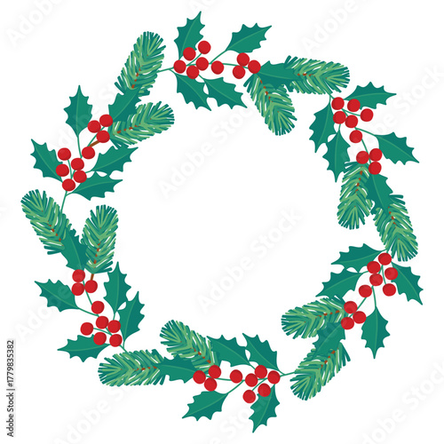 Holly and spruce branches wreath. Christmas frame round shape with copy space. Floral festive composition on white background. Botanical border with red berries. Vector design for poster template.