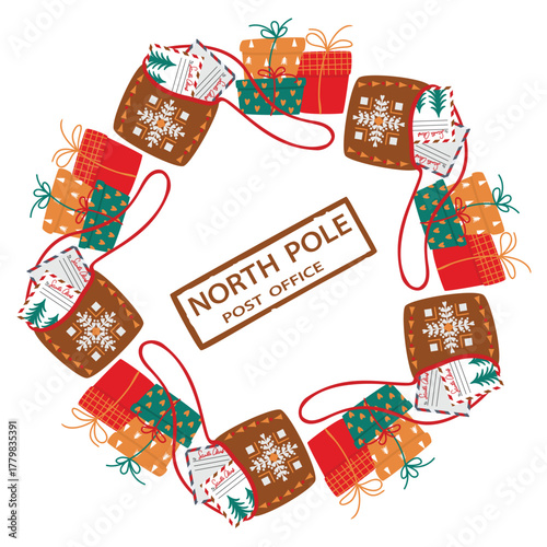 Letters for Santa and gifts frame. Round shape border with mailing bag, packaging boxes, North Pole seal. Festive composition with cartoon objects on white background. Vector design for winter holiday