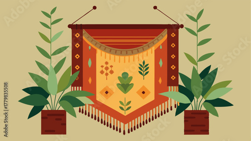 A bohemian tapestry draped over a wall filled with hanging plants.
