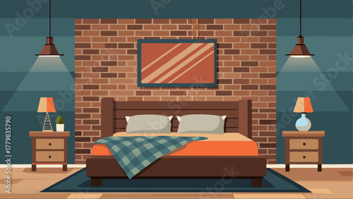 A bedroom with exposed brick walls and a headboard made from salvaged barn wood adorned with a cozy plaid throw and industrialstyle wall sconces.