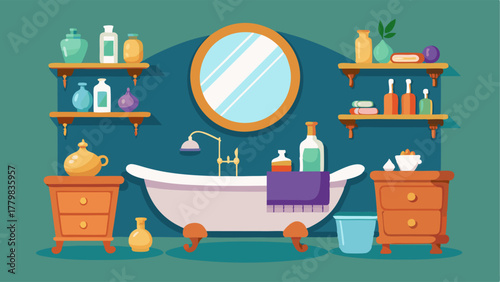 A bathroom with a clawfoot bathtub a vintage vanity with a gilded mirror and a collection of apothecary jars.