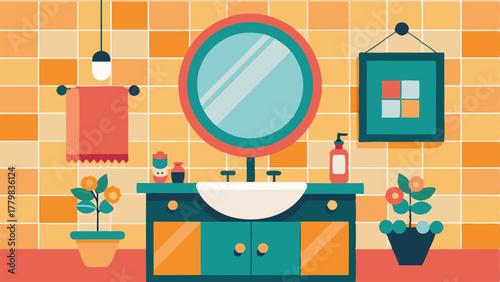 A bathroom with a modern vanity and an eclectic mirror paired with a vintage light fixture and colorful handpainted tiles.