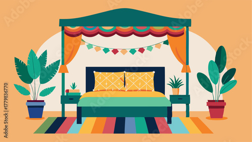 A bedroom with a colorful patterned canopy hung above the bed surrounded by a mix of potted plants.