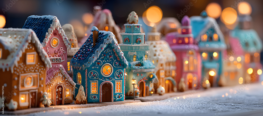 Naklejka premium Christmas gingerbread city or town. Colorful christmas gingerbread house panorama - concept
