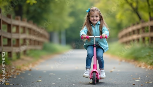 Fototapeta Naklejka Na Ścianę i Meble -  Little girl rides a pink scooter along a path. She smiles brightly in a park near the wooden fence. Happy child enjoys outdoor activity in spring time.