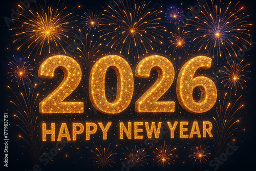 2026 Happy New Year with bright fireworks on dark blue — dynamic festive header