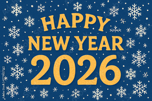 Happy New Year 2026 greeting on blue snow pattern — cheerful winter holiday banner
