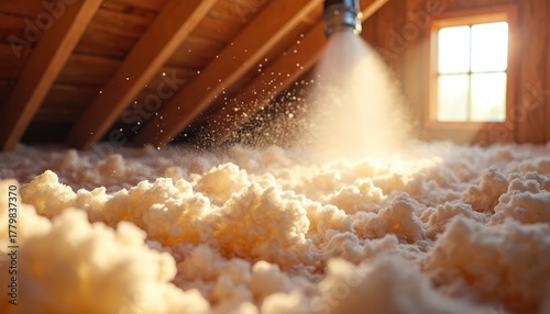 Attic insulation being blown into house rafters for better home energy. Warm light streams through a window, creating fluffy white cellulose material piles.
