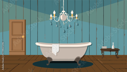 A bathroom with a clawfoot tub surrounded by distressed wood panels and a crystal chandelier hanging above.