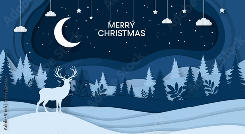 A modern and elegant illustration depicting a beautiful Christmas night landscape using a layered paper-cut effect. 