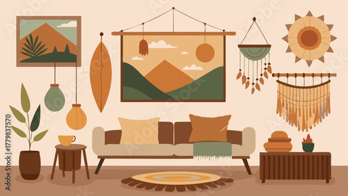 A bohemian gallery wall with a mix of natureinspired elements. On one side a large woven tapestry featuring a landscape scene hangs above a wooden bench stacked with pillows. On