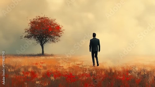 Man in Suit Stands Before Red Tree in Autumn Field