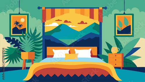 A bedroom with a colorful tapestry hanging above the bed depicting a tropical landscape.