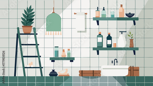 A bathroom with white subway tile and a large walk accessorized with a wooden ladder shelf filled with tropical candles and diffusers.