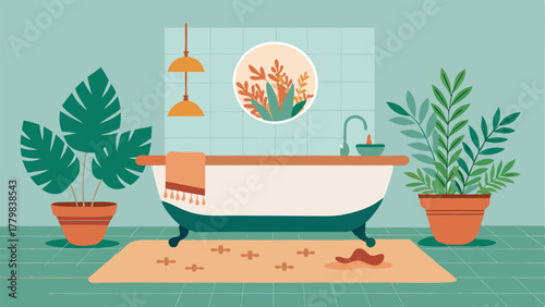 A bathroom with a clawfoot bathtub surrounded by plants and a vintage rug on the floor.