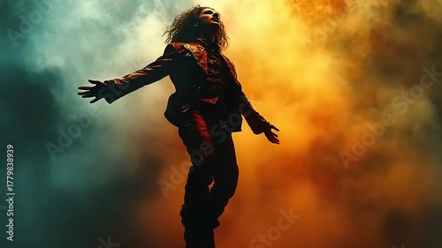 Man Levitating in Smoke with Dramatic Lighting.