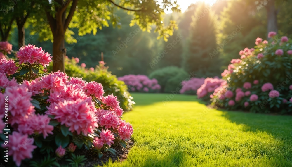 Fototapeta premium A lush garden path lined with pink rhododendrons and green bushes. Sunlight streams through trees illuminating a verdant lawn. Nature scene with blooming flowers in summer.