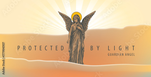 Vector guardian angel with wings and a dove instead of a halo, standing on clouds in a classic style. Angel-Theme of death, religion and holiness. Suitable for poster, flyer, postcard. No ai