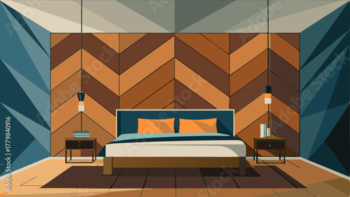 A bedroom with a large wall covered in a geometric wood panel design adding texture and warmth to the space.