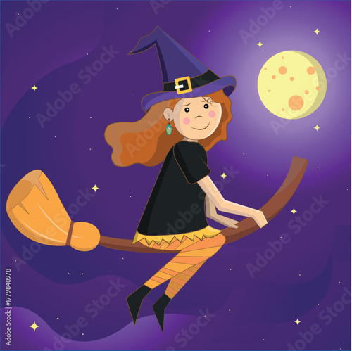illustration of a little witch on her broomstick