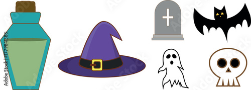 set of halloween silhouettes black icon and character. Design of witch, creepy and spooky elements for halloween decorations.  Hand drawn vector solated background.