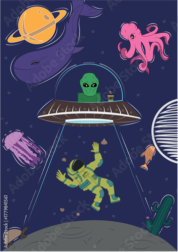 Hand-drawn illustration of an alien, astronaut, and sea animals