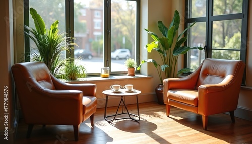 Fototapeta Naklejka Na Ścianę i Meble -  Two tan leather armchairs flank a small table with two coffee cups. Rich green plants sit near a window showing blurred street view. Cozy interior space invites relaxation and quiet moments.