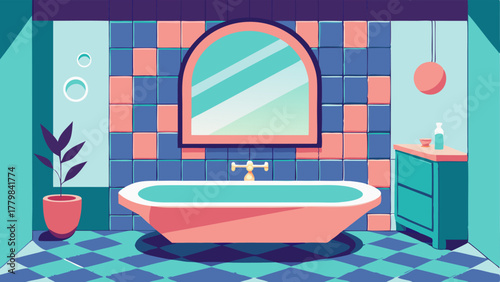 A bathroom with a sunken bathtub surrounded by retro patterned tiles and a holographic mirror.
