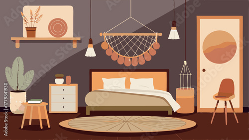 A bedroom with a macrame wall hanging a rattan headboard and a hanging chair in the corner.
