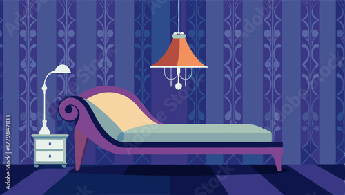 A bedroom with a statementmaking chaise lounge and a modern hanging pendant light surrounded by Victorianstyle wallpaper.