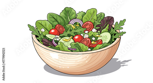 Fresh Garden Salad Bowl With Organic Vegetables And Feta Cheese Isolated On White Background